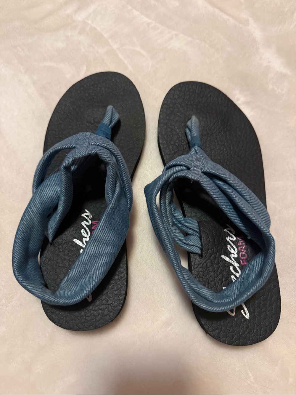 Skechers Women's Blue Fabric Wrap Sandals with Black Footbed